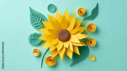 Paper cut of a single sunflower, backlighting, light yellow background,generative ai illustration