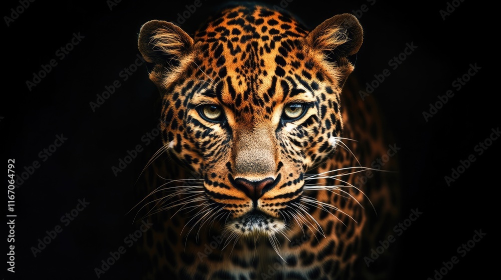Naklejka premium Majestic leopard portrait against dark background showcasing stunning fur patterns and piercing gaze in a wildlife setting