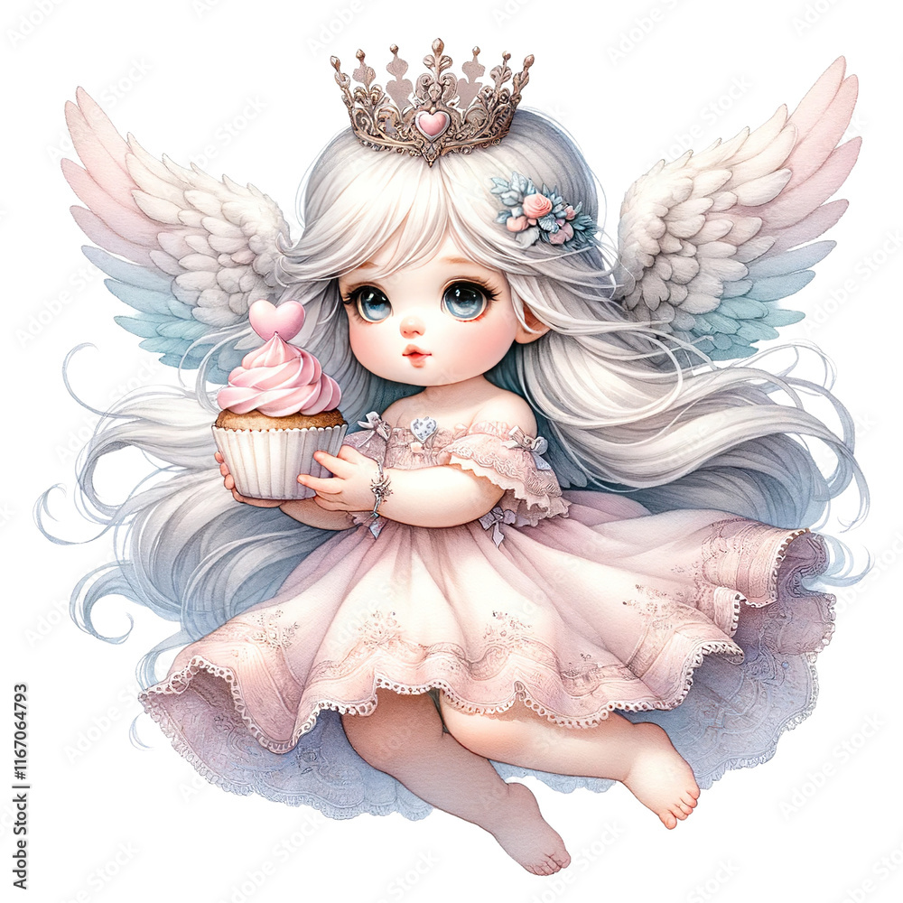 cute angelic child with wings and crown holds cupcake, wearing pink dress cute angelic child with wings and crown holds cupcake, wearing pink dress