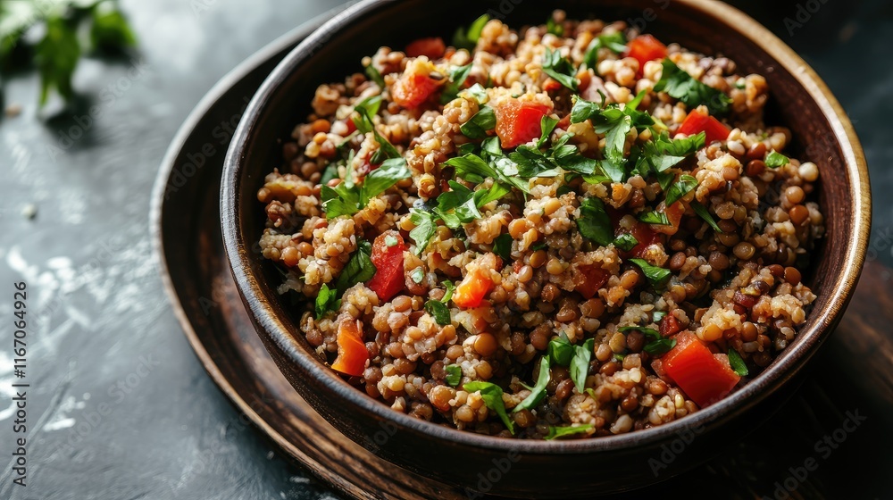 Lentil and Bulgur Salad Fresh Herbs and Vegetables Traditional Healthy Dish in Wooden Bowl Lentil and Bulgur Salad Fresh Herbs and Vegetables Traditional Healthy Dish in Wooden Bowl