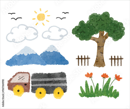 Illustration set of cute mountains, tree, flower. grass, car, cloud, sun, bird. Kids hand drawn Landscape crayon watercolor