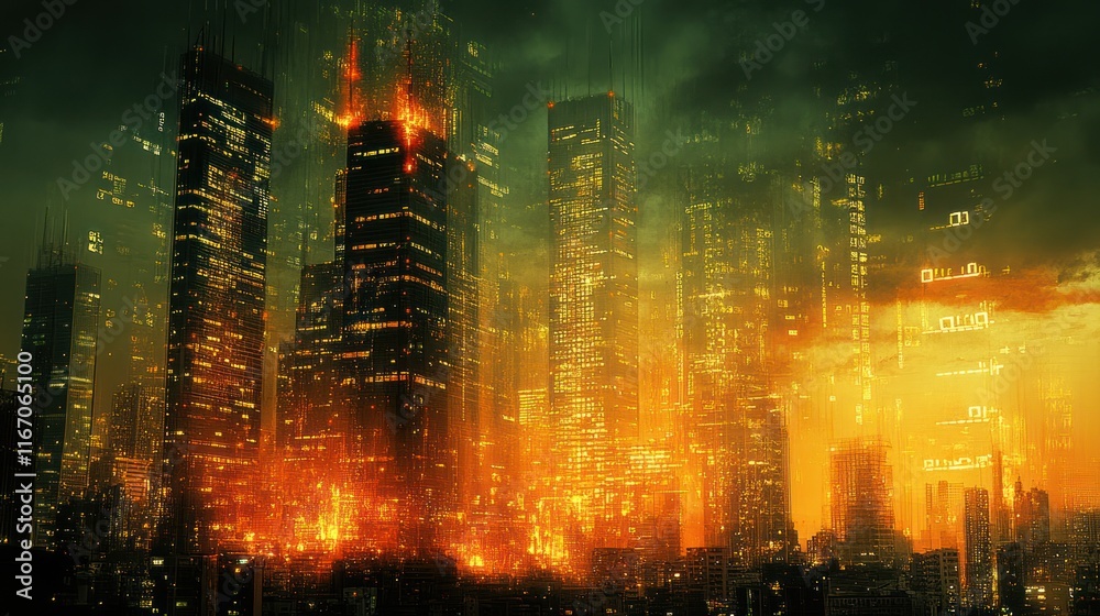 Fototapeta premium Futuristic cityscape engulfed in flames and chaos.