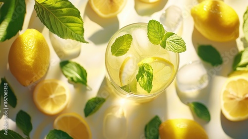 Refreshing lemonade drink with lemon slices mint leaves and ice cubes surrounded by fresh lemons and mint on a light background
