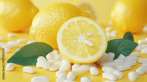Lemons and white pills surrounded by fresh leaves on yellow background highlighting wellness and health concept