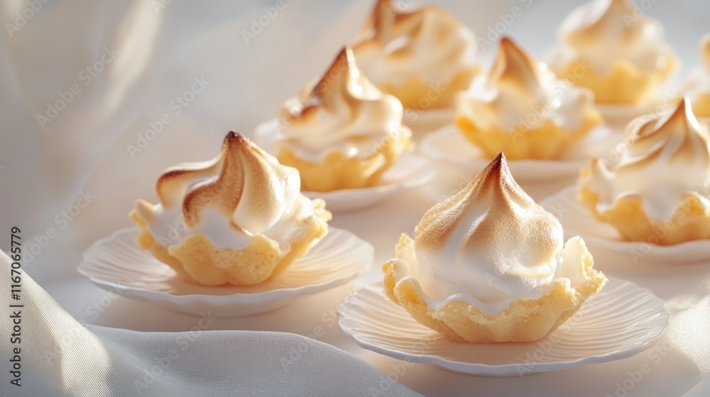Lemon tartlets topped with golden meringue arranged elegantly on white plates against a soft light backdrop Lemon tartlets topped with golden meringue arranged elegantly on white plates against a soft light backdrop