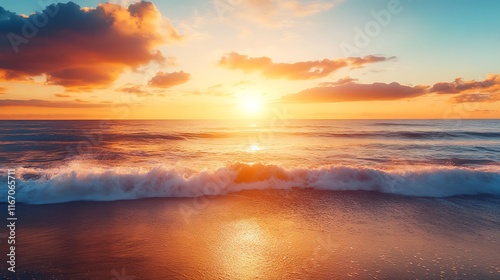 Golden Sunset Over Ocean Waves: A Serene Coastal Scene
