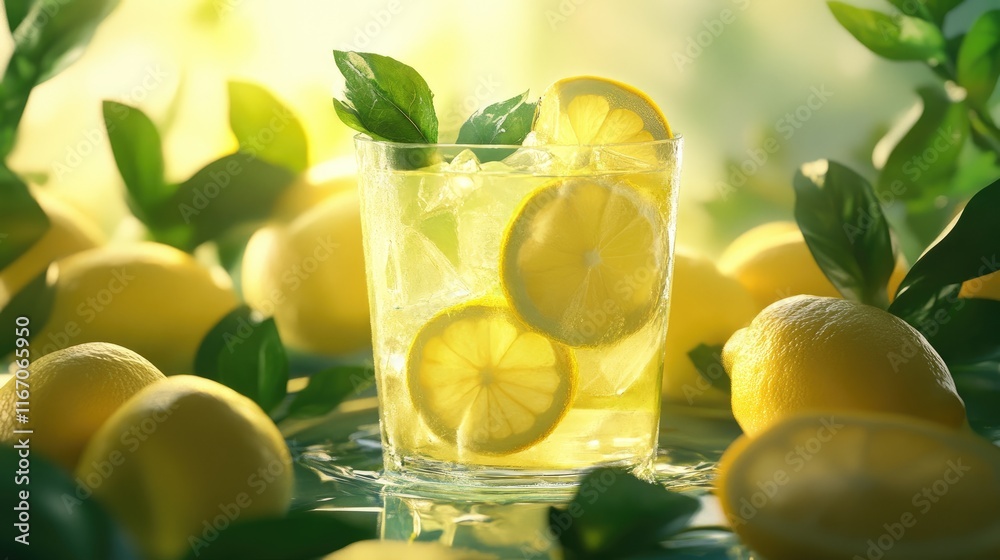Refreshing lemonade in a glass garnished with mint surrounded by fresh lemons and greenery in a bright sunlight setting Refreshing lemonade in a glass garnished with mint surrounded by fresh lemons and greenery in a bright sunlight setting