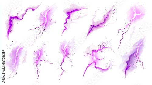 Lightnings, purple thunderbolt strikes at night, Electric impact effects, thunderstorm sparking discharges isolated on white background, vector realistic illustration