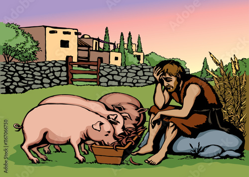 Vector drawing. A sad man and pigs