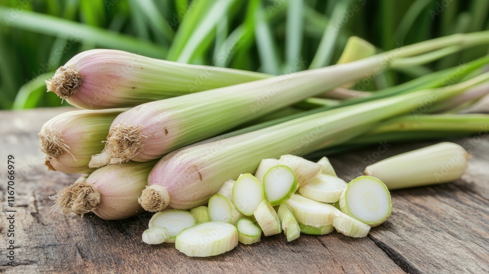 Lemongrass stalks and slices on wooden table showcasing its use in cooking and herbal remedies in a vibrant vegetable garden setting