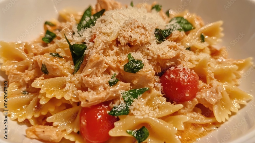Farfalle pasta with tuna in tomato sauce topped with basil parsley parmesan and fresh cherry tomatoes healthy homemade dish Farfalle pasta with tuna in tomato sauce topped with basil parsley parmesan and fresh cherry tomatoes healthy homemade dish