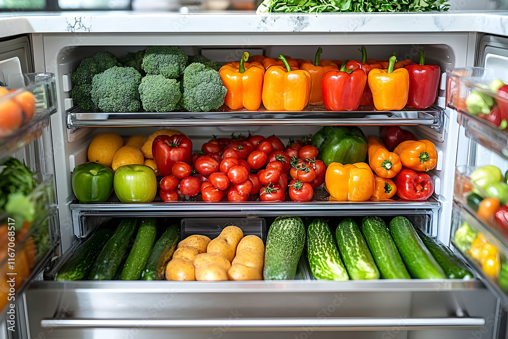 Refrigerator Filled with Fresh Produce: A Vibrant Display of Vegetables and Fruits Refrigerator Filled with Fresh Produce: A Vibrant Display of Vegetables and Fruits