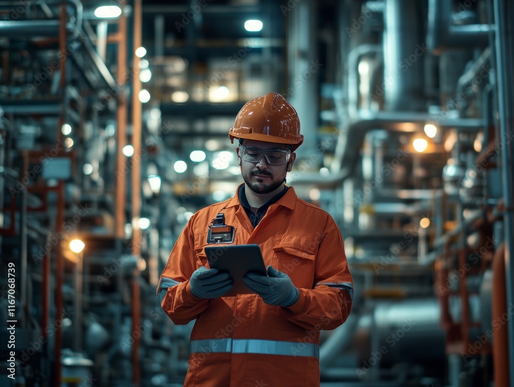 Engineer in safety gear holding tablet inside oil refinery factory, looking at the camera Engineer in safety gear holding tablet inside oil refinery factory, looking at the camera