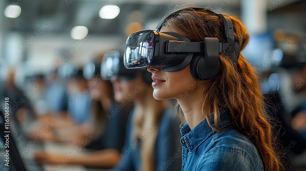 Professionals using VR headsets for advanced data visualization during a project meeting Professionals using VR headsets for advanced data visualization during a project meeting
