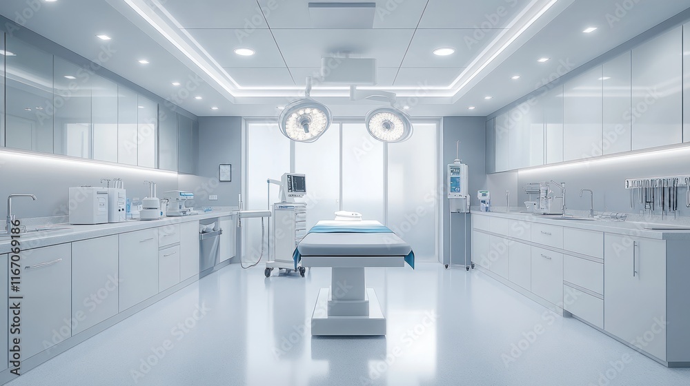 Modern, clean operating room with surgical equipment and bright lighting. Modern, clean operating room with surgical equipment and bright lighting.