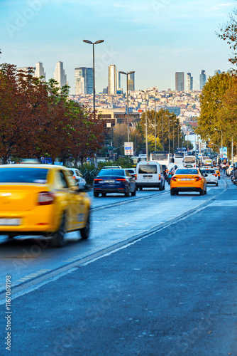 busy traffic on city road, cityscape, cars and buses on city street, Istanbul, Turkey