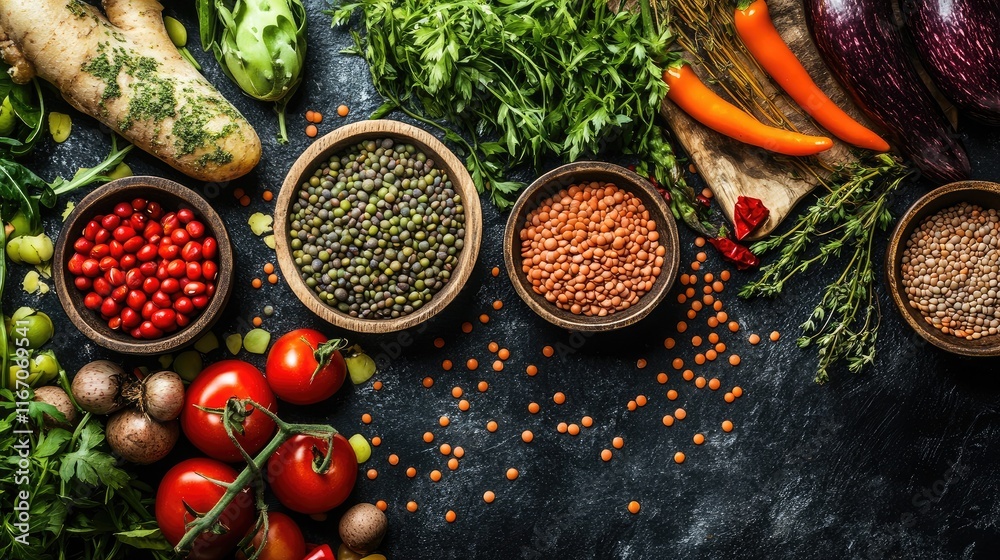 Variety of Lentils and Pulses with Fresh Vegetables on Dark Background for Healthy Eating Concept Variety of Lentils and Pulses with Fresh Vegetables on Dark Background for Healthy Eating Concept