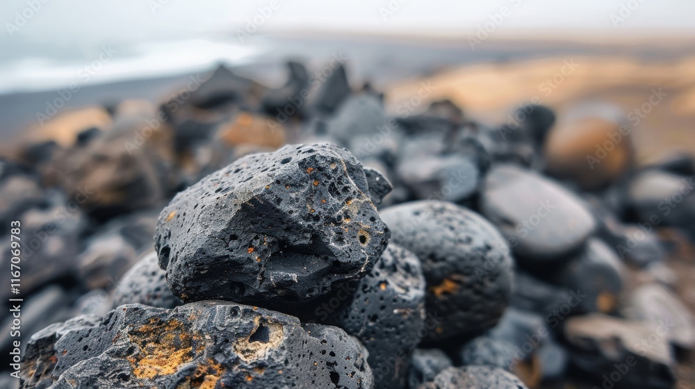 A collection of rough black rocks in a stack showcases textures against a coastal backdrop with gentle ocean waves and a distant shore