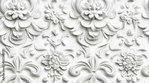 Elegant White 3D Floral Damask Wallpaper Design