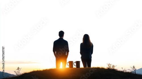 Silhouette of a couple enjoying a sunset with mugs nearby.