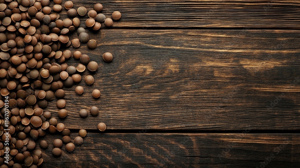 Lentils scattered on rustic wooden surface showcasing textures and natural colors in a macro photography style