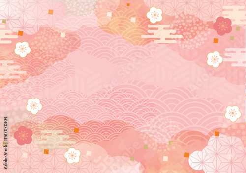 ひな祭り, お正月, 年賀状, 正月, 背景, 和風, 和柄, 雲, 梅, 節分, 七五三, 成人式, 卒業式, 入学式, 春, 冬, 新年, ベクター, イラスト, コピースペース, 麻の葉, 幾何学, 模様, 装飾, バレンタイン, ビンテージ