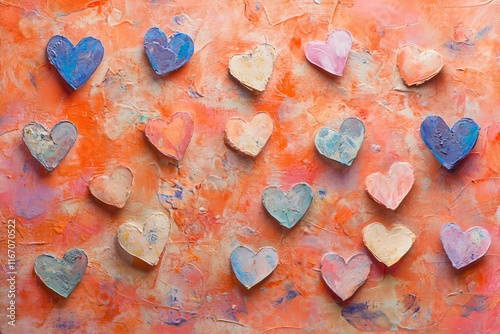 Colorful Painted Hearts on Orange Abstract Background