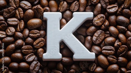 White letter K on a textured background of roasted coffee beans providing a warm and inviting atmosphere for coffee-related themes. photo