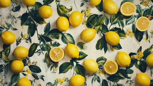 Vibrant lemons scattered on a decorative tablecloth with floral patterns creating a fresh and bright seasonal atmosphere photo