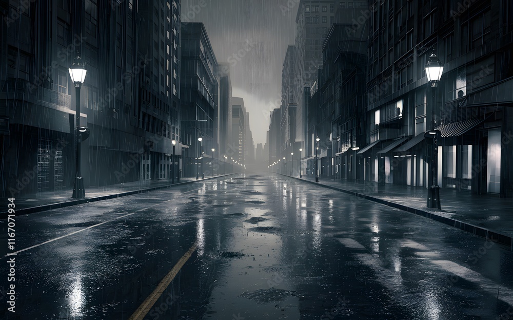 Naklejka premium A shadowy urban scene with rain-drenched streets glowing under streetlights in a dramatic style. 
