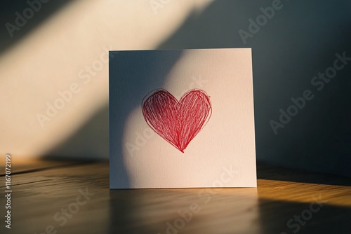 Hand-drawn red heart on card with soft light and wooden texture
