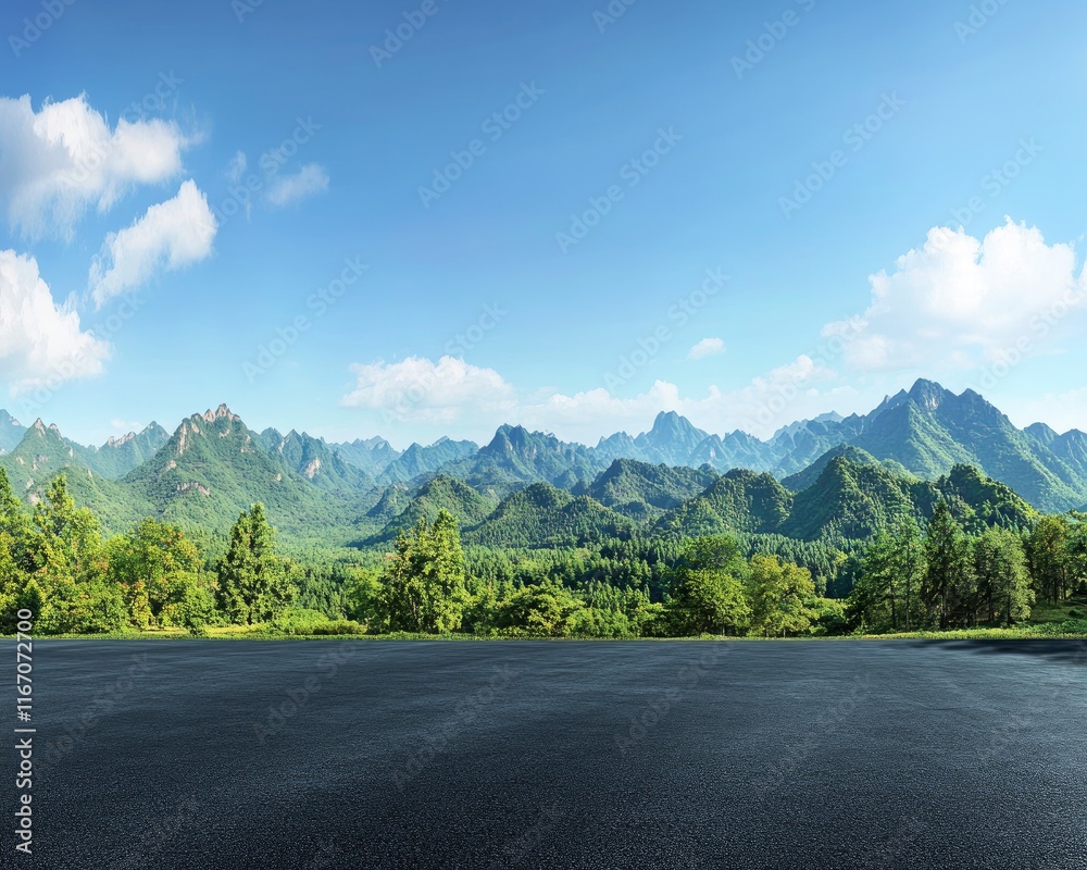 Fototapeta premium Beautiful asphalt road, green forest, and blue sky in the background. Realistic photo of an empty asphalt ground with a beautiful natural landscape. Shiny black asphalt floor in the foreground.