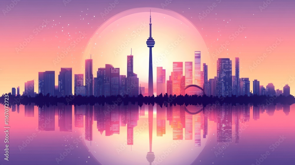 Fototapeta premium City skyline reflected in water at sunset.