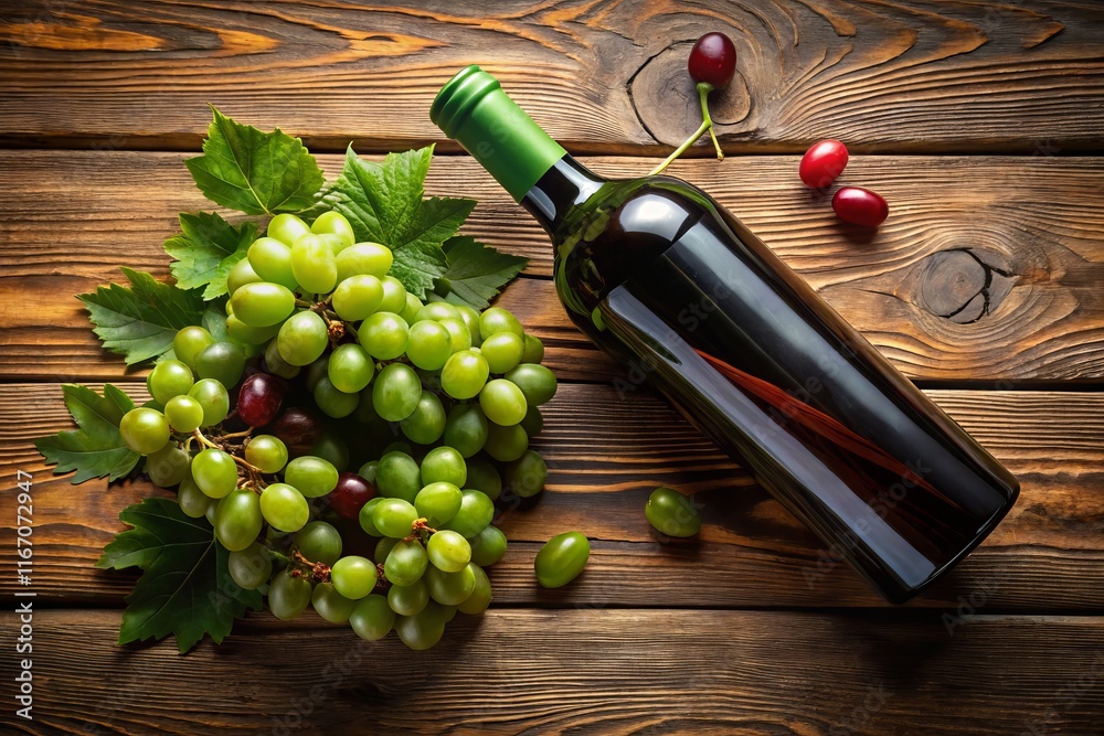 Obraz premium Elegant Wine Bottle and Grapes on Wooden Table - Copy Space for Text