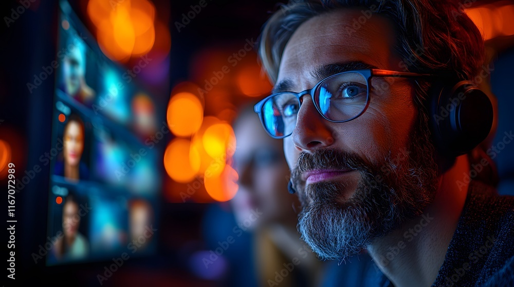 Team working remotely but collaborating using video calls and shared graphs Team working remotely but collaborating using video calls and shared graphs