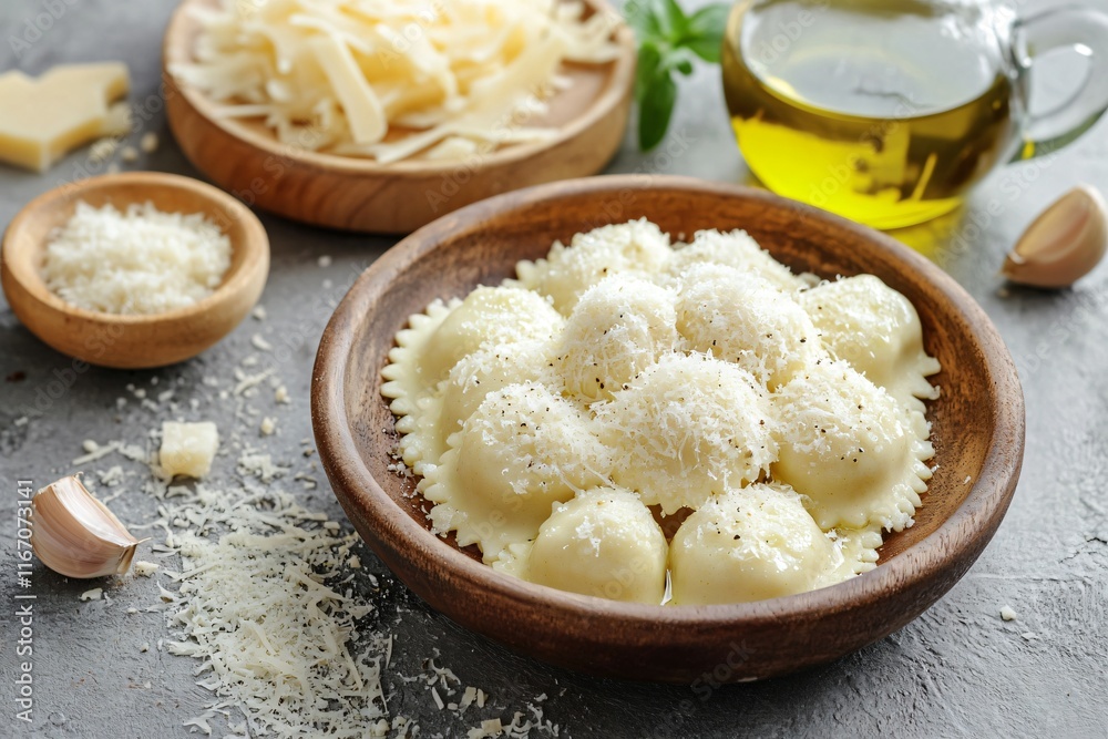 Fresh Ravioli with Parmesan and Olive Oil on Wooden Table Fresh Ravioli with Parmesan and Olive Oil on Wooden Table