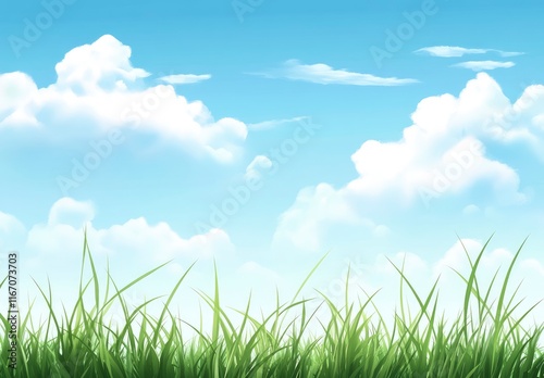 Beautiful blue sky with white clouds over a green grass field background. professional, high-resolution image that is beautiful, clean, simple, stunning, relaxing, calming, and peaceful. 