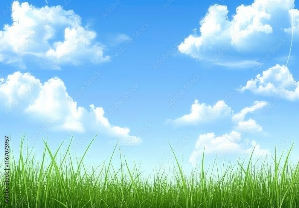 Beautiful blue sky with white clouds over a green grass field background. professional, high-resolution image that is beautiful, clean, simple, stunning, relaxing, calming, and peaceful. Beautiful blue sky with white clouds over a green grass field background. professional, high-resolution image that is beautiful, clean, simple, stunning, relaxing, calming, and peaceful.