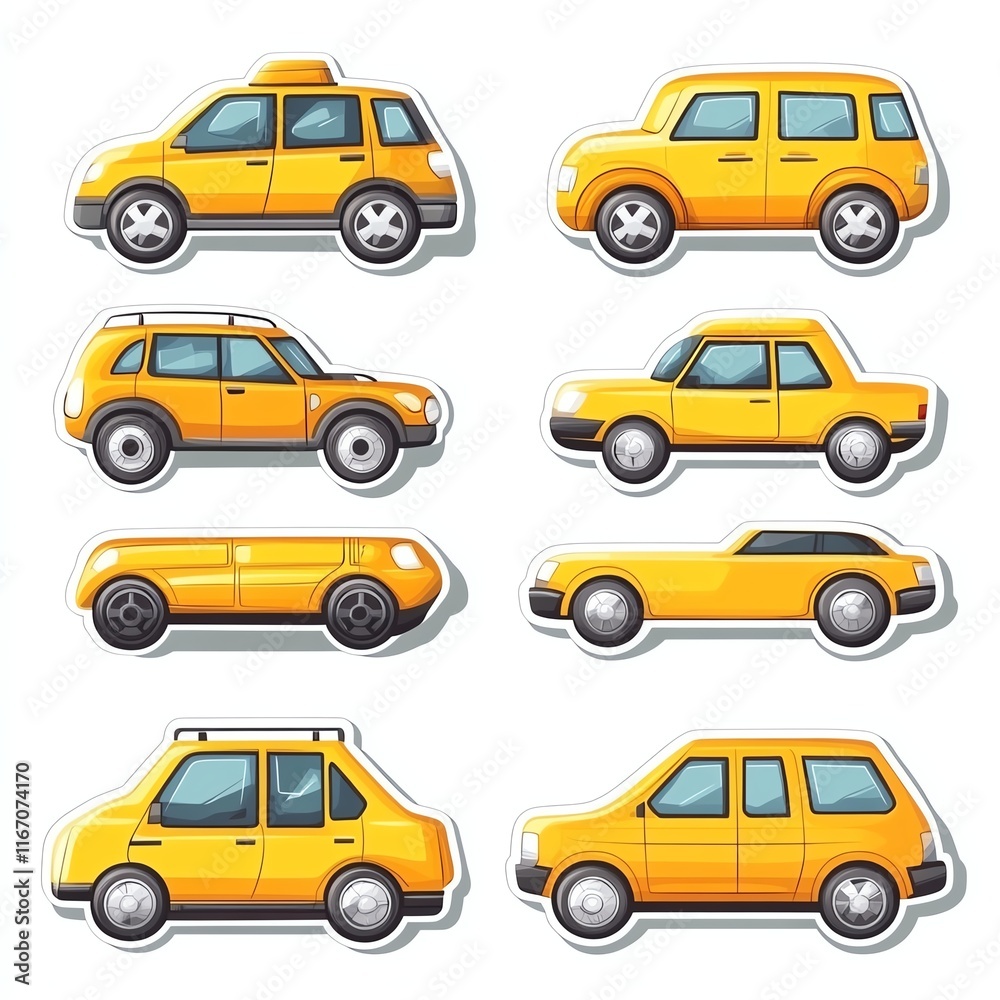 Collection of yellow cars, icons, on white isolated background. Collection of yellow cars, icons, on white isolated background.