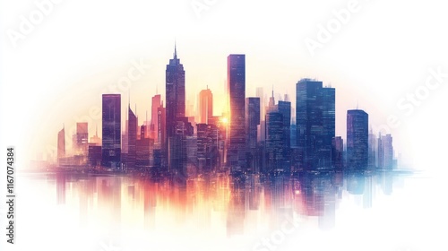 Vibrant city skyline at sunrise, reflected in water. (1)
