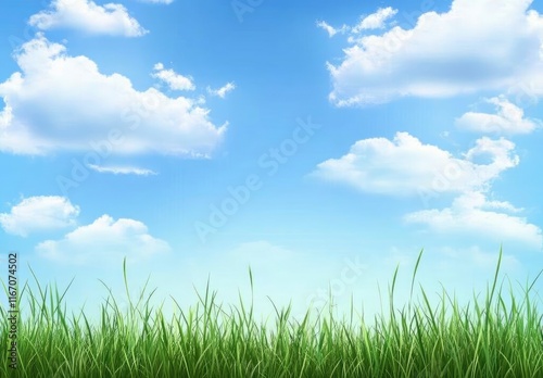 Beautiful blue sky with white clouds over a green grass field background. professional, high-resolution image that is beautiful, clean, simple, stunning, relaxing, calming, and peaceful. 