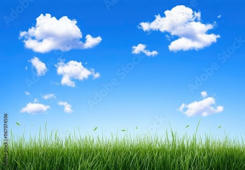 Beautiful blue sky with white clouds over a green grass field background. professional, high-resolution image that is beautiful, clean, simple, stunning, relaxing, calming, and peaceful. 