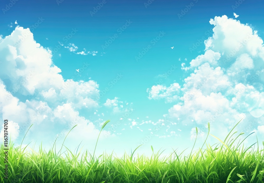 Beautiful blue sky with white clouds over a green grass field background. professional, high-resolution image that is beautiful, clean, simple, stunning, relaxing, calming, and peaceful. Beautiful blue sky with white clouds over a green grass field background. professional, high-resolution image that is beautiful, clean, simple, stunning, relaxing, calming, and peaceful.