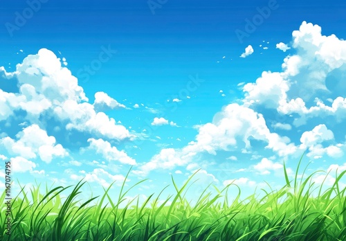 Beautiful blue sky with white clouds over a green grass field background. professional, high-resolution image that is beautiful, clean, simple, stunning, relaxing, calming, and peaceful. 