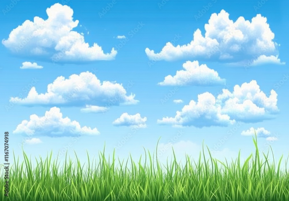 Beautiful blue sky with white clouds over a green grass field background. professional, high-resolution image that is beautiful, clean, simple, stunning, relaxing, calming, and peaceful. 