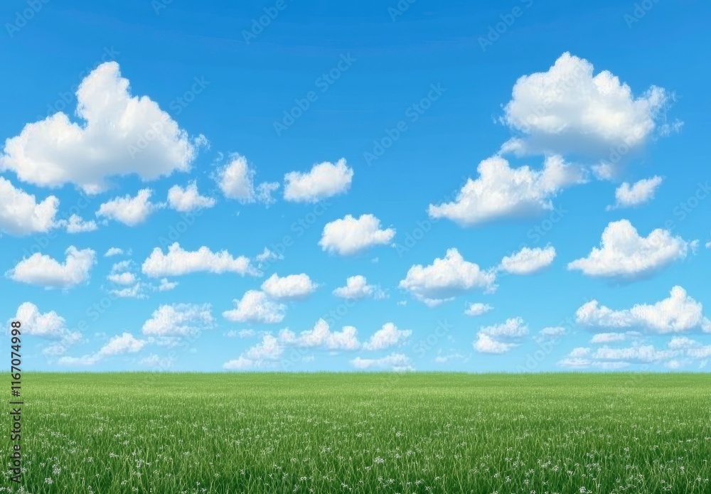 Beautiful blue sky with white clouds over a green grass field background. A photo of an empty meadow with clear skies and space for design. High-quality photo. Beautiful blue sky with white clouds over a green grass field background. A photo of an empty meadow with clear skies and space for design. High-quality photo.