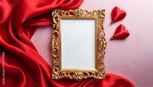 A gold ornate frame rests on red silk fabric with two red satin hearts. Pink background. Romantic and elegant Valentines Day themed image. photo