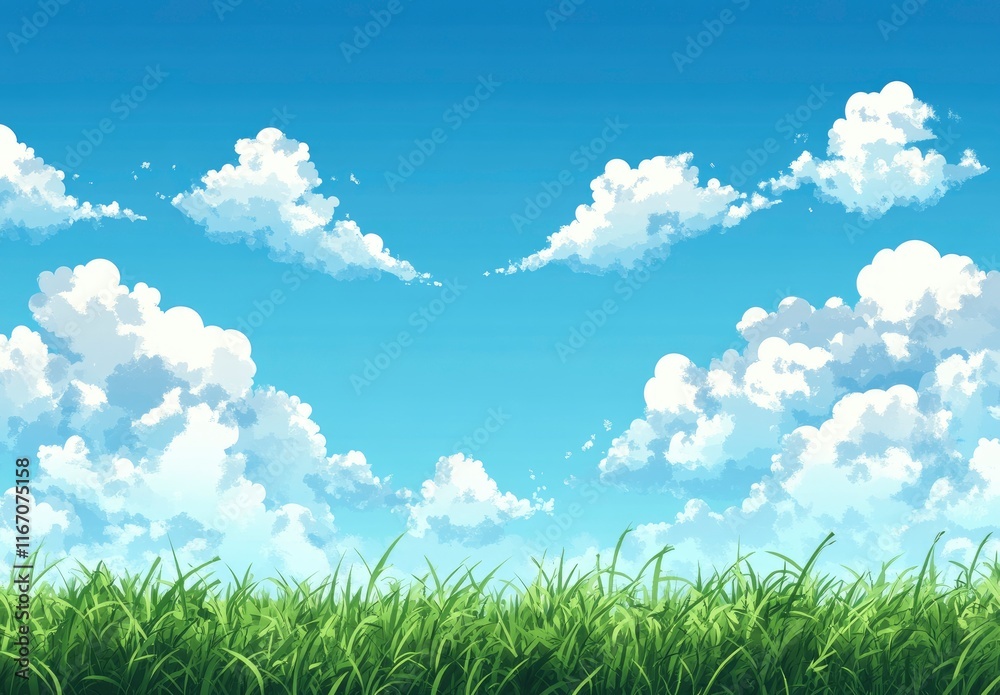 Beautiful blue sky with white clouds over a green grass field, a summer landscape background. The image is high resolution and has ample copy space for text. Beautiful blue sky with white clouds over a green grass field, a summer landscape background. The image is high resolution and has ample copy space for text.