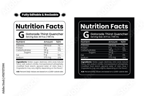 Gatorade nutrition facts. Nutrition facts label and nutritional value of Gatorade. Editable and resizable templates of nutrition facts, supplement facts and vitamin facts.