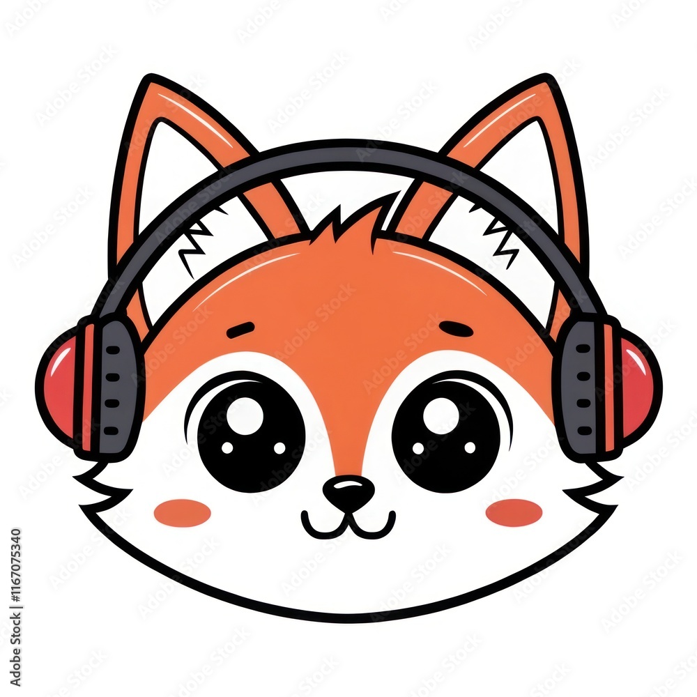 Obraz premium Cute Cartoon Fox Wearing Headphones on a White Background